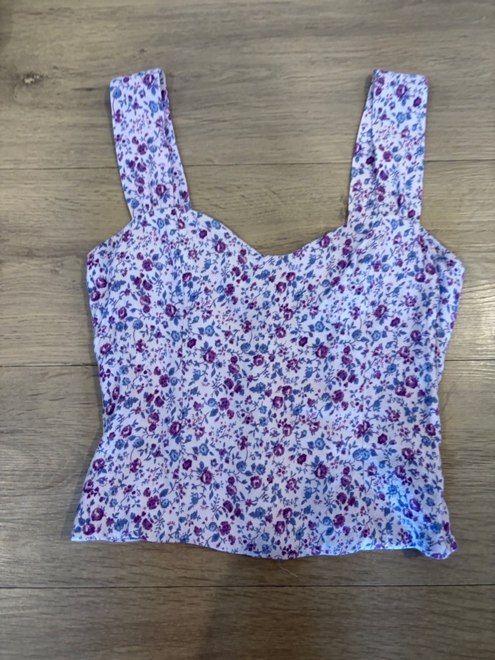 Reformation Floral Square-Neck Camisole in White with Purple and Blue Flowers